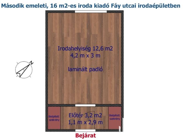 2. emeleti, 16 m2-es iroda kiadó Fáy utcai irodaépületben